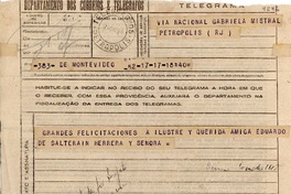 [Telegrama] 1945 nov. 17, Montevideo, Uruguay [a] Gabriela Mistral, Petrópolis, Brasil