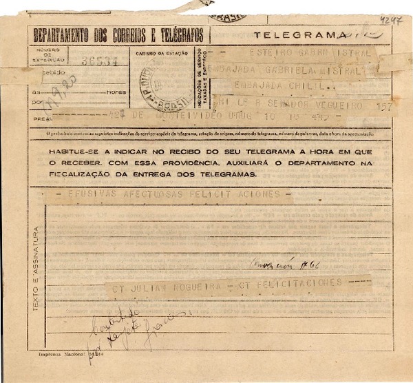 [Telegrama] 1945 nov. 18, Montevideo, Uruguay [a] Gabriela Mistral, [Petrópolis], [Brasil]