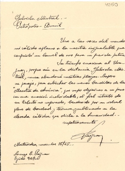 [Carta] 1945 nov. 15, Montevideo, [Uruguay] [a] Gabriela Mistral, Petrópolis, Brasil