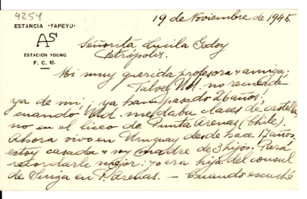 [Carta] 1945 nov. 19, [Uruguay?] [a] Lucila Godoy, Petrópolis