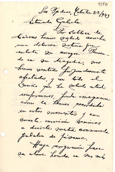 [Carta] 1943 oct. 23, Las Piedras, Uruguay [a] Gabriela Mistral