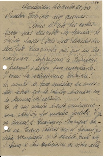 [Carta] 1943 dic. 20, Montevideo [a] Gabriela Mistral