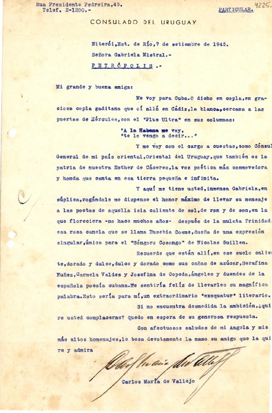 [Carta] 1945 sept. 7, Niteroi, Río de Janeiro [a] Gabriela Mistral, Petrópolis