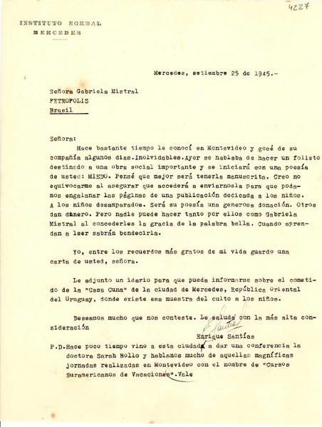 [Carta] 1945 sept. 25, Mercedes, [Uruguay] [a] Gabriela Mistral, Petrópolis, Brasil
