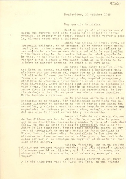[Carta] 1945 oct. 22, Montevideo [a] Gabriela Mistral