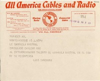 [Telegrama] 1945 nov. 16, Montevideo [a] Gabriela Mistral, Río de Janeiro