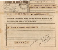 [Telegrama] 1945 nov. 17, Montevideo [a] Gabriela Mistral, Petrópolis