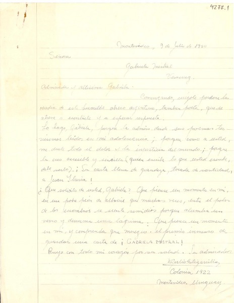[Carta] 1950 jul. 9, Montevideo [a] Gabriela [Mistral], Veracruz
