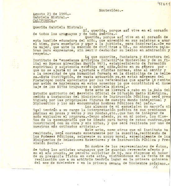 [Carta] 1946 ago. 23, Montevideo [a] Gabriela Mistral, California