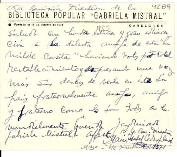 [Carta] [1952], Montevideo, Uruguay [a] Gabriela Mistral
