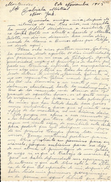 [Carta] 1953 nov. 8, Montevideo, Uruguay [a] Gabriela Mistral, New York, [E.E.U.U.]