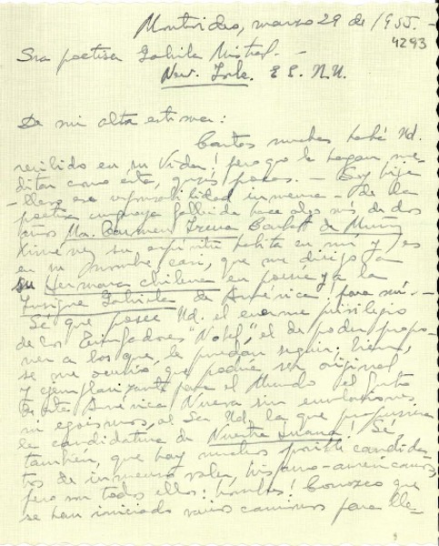 [Carta] 1955 mar. 29, Montevideo, Uruguay [a] Gabriela Mistral, New York, EE.UU.