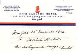 [Carta] 1946 dic. 25, Nueva York [a] Gabriela Mistral