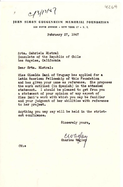 [Carta] 1947 feb. 27, New York [a] Gabriela Mistral, Los Ángeles, California