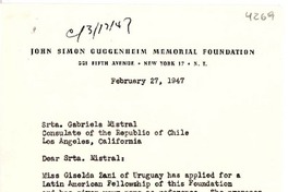 [Carta] 1947 feb. 27, New York [a] Gabriela Mistral, Los Ángeles, California