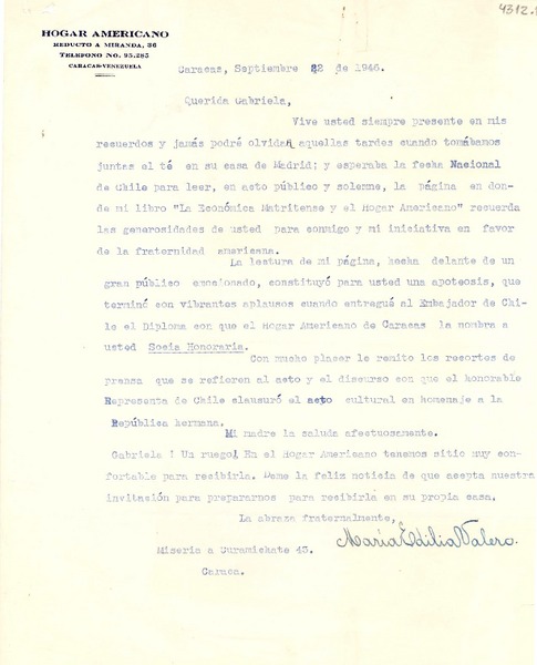 [Carta] 1946 sept. 22, Caracas, [Venezuela] [a] Gabriela Mistral