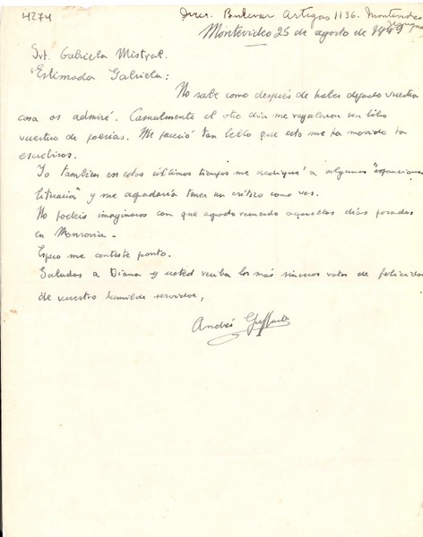 [Carta] 1949 ago. 25, Montevideo [a] Gabriela Mistral