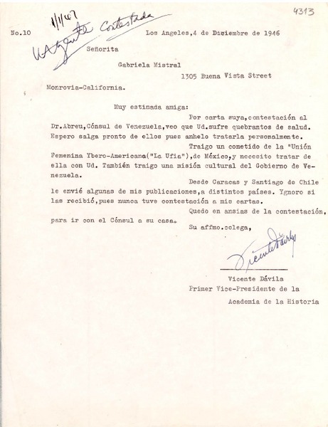 [Carta] 1946 dic. 4, Los Angeles, [California] [a] Gabriela Mistral, Monrovia, California