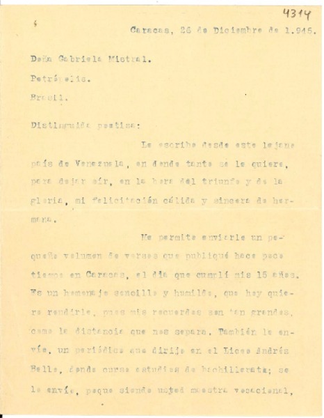 [Carta] 1945 dic. 26, Caracas, Venezuela [a] Gabriela Mistral, Petrópolis, Brasil