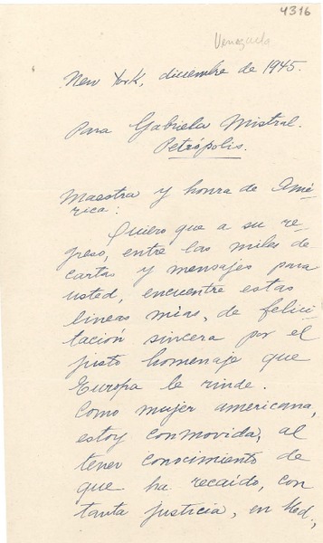 [Carta] 1945 dic., New York [a] Gabriela Mistral, Petrópolis