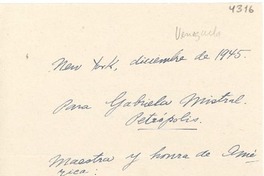 [Carta] 1945 dic., New York [a] Gabriela Mistral, Petrópolis