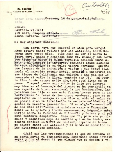 [Carta] 1947 jun. 16, Caracas, Venezuela [a] Gabriela Mistral, Santa Barbara, California