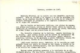 [Carta] 1947 oct., Caracas, Venezuela [a] Gabriela Mistral