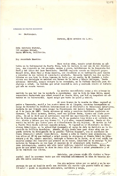 [Carta] 1947 oct. 17, Caracas [a] Gabriela Mistral, Santa Barbara, California