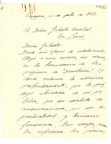 [Carta] 1938 jul. 15, Caracas [a] Gabriela Mistral, Lima