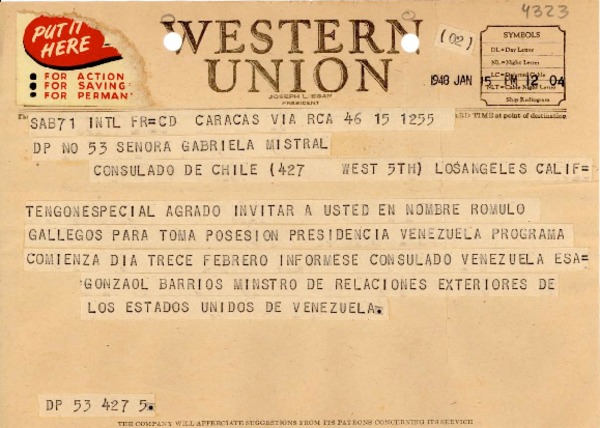 [Telegrama] 1948 ene. 15, Caracas, Estados Unidos de Venezuela [a] Gabriela Mistral, Cónsulado de Chile, Los Angeles, Calif., [EE.UU.]