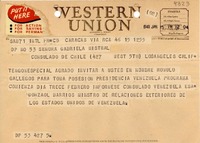 [Telegrama] 1948 ene. 15, Caracas, Estados Unidos de Venezuela [a] Gabriela Mistral, Cónsulado de Chile, Los Angeles, Calif., [EE.UU.]