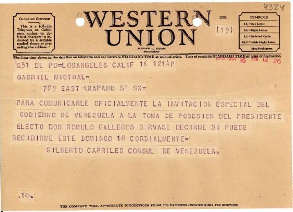 [Telegrama] 1948 ene. 16, Los Angeles, Calif., [EE.UU.] [a] Gabriela Mistral, 729 East Anapamu, [EE.UU.]