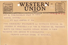 [Telegrama] 1948 ene. 16, Los Angeles, Calif., [EE.UU.] [a] Gabriela Mistral, 729 East Anapamu, [EE.UU.]