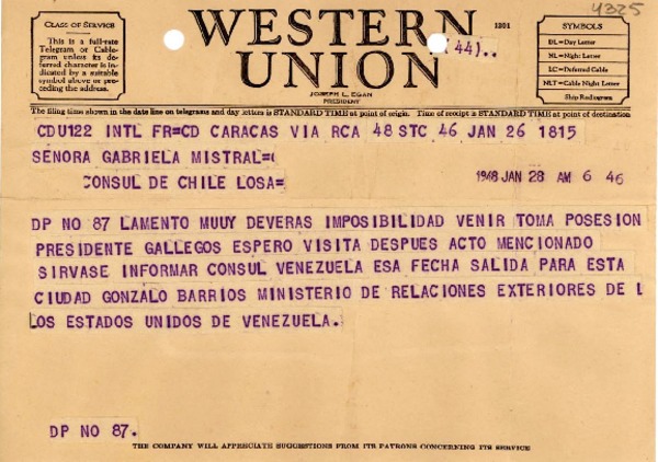 [Telegrama] 1948 ene. 28, Caracas, Estados Unidos de Venezuela [a] Gabriela Mistral, Cónsul de Chile, Los A., [EE.UU.]