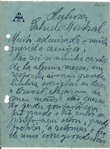 [Carta] 1938 oct. 10, Río de Janeiro, Brasil [a] Gabriela Mistral