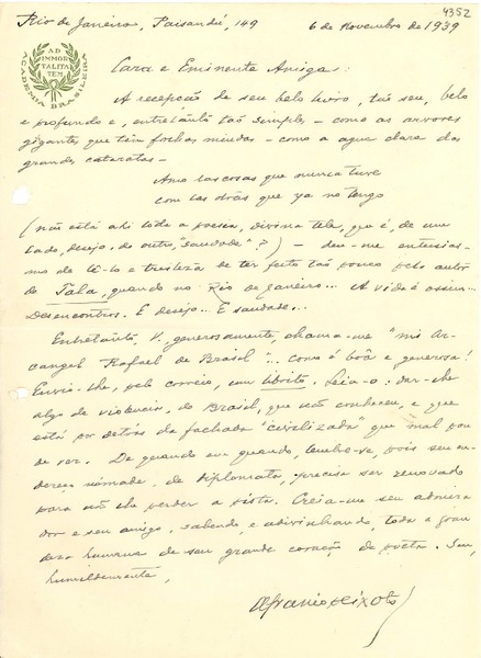 [Carta] 1939 nov. 6, Río de Janeiro [a] [Gabriela Mistral]