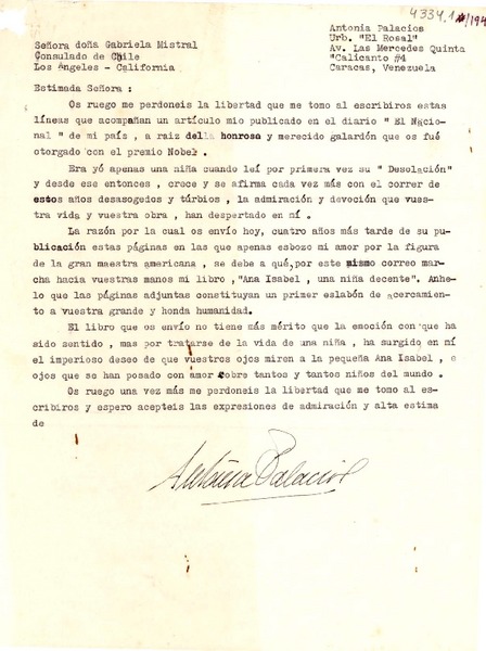 [Carta] 1949, Caracas, Venezuela [a] Gabriela Mistral, Los Ángeles, California