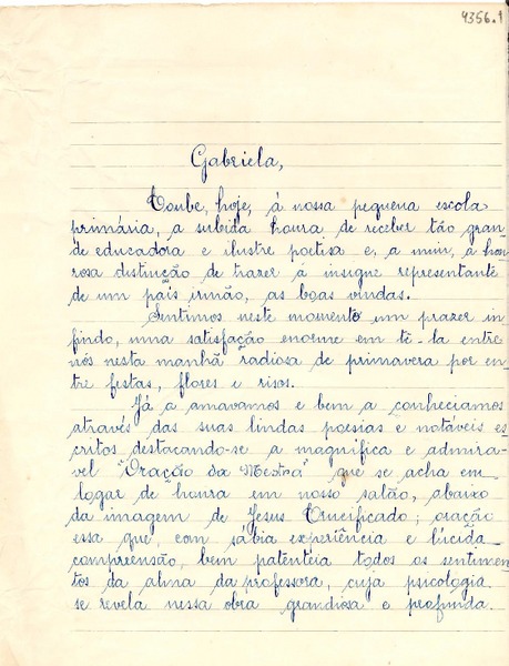 [Carta] [1940?], Belo Horizonte, [Brasil] [a] Gabriela Mistral