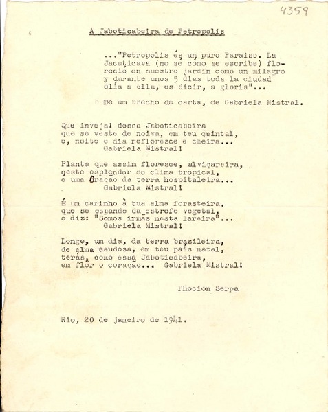 [Carta] 1941 ene. 20, Río de Janeiro [a] Gabriela Mistral