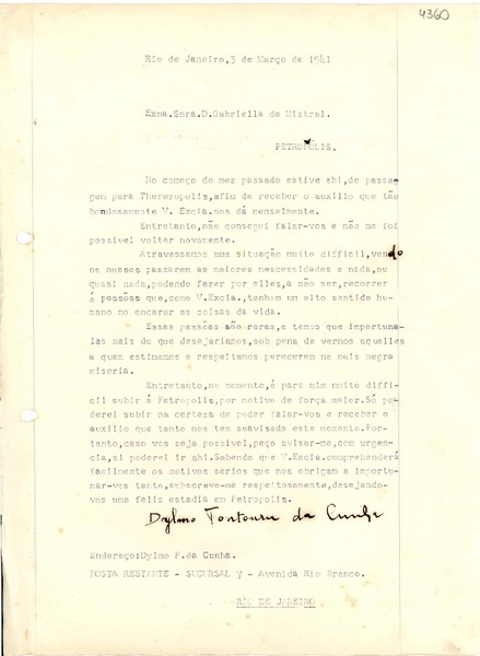 [Carta] 1941 mar. 3, Río de Janeiro [a] Gabriela Mistral, Petrópolis
