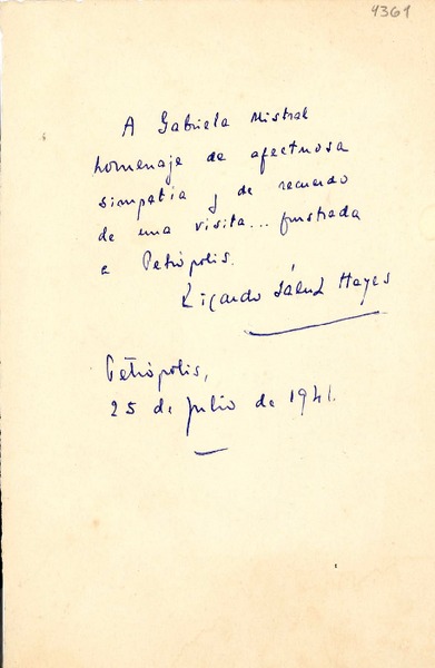 [Carta] 1941 jul. 25, Petrópolis, [Río de Janeiro], [Brasil] [a] Gabriela Mistral