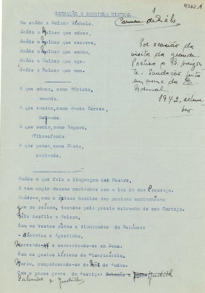 [Carta] 1942 sept., Belo Horizonte, [Minas Gerais, Brasil] [a] Gabriela Mistral