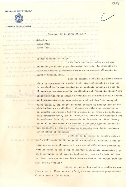 [Carta] 1954 abr. 22, Caracas Venezuela [a] Doris Dana, Nueva York