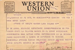[Telegrama] 1954 mayo 7, Caracas Venezuela [a] Doris Dana, Nueva York