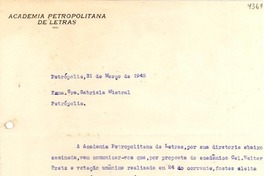 [Carta] 1942 mar. 31, Petrópolis, Río de Janeiro [a] Gabriela Mistral, Petrópolis