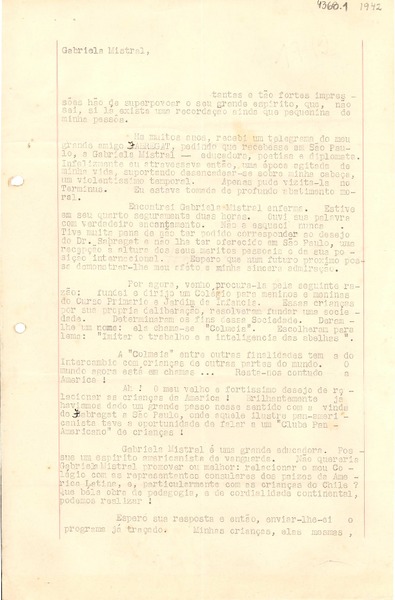 [Carta] 1942 abr. 15, Sao Paulo [a] Gabriela Mistral