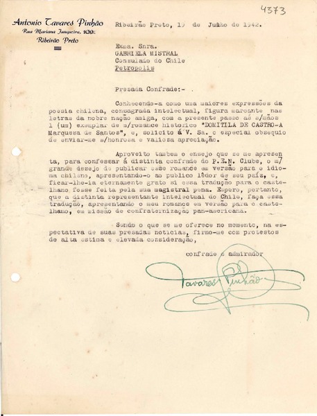 [Carta] 1942 jul. 19, Ribeirão Preto, Sao Paulo [a] Gabriela Mistral, Petrópolis