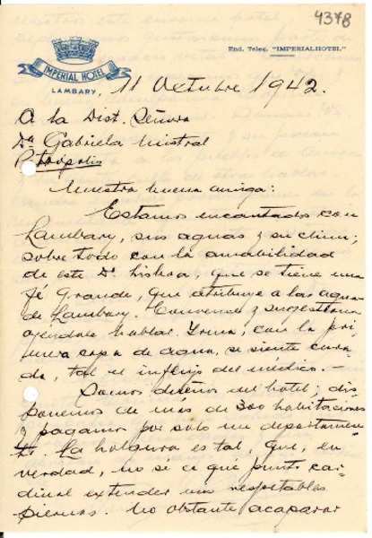 [Carta] 1942 oct. 11, Lambary, [Minas Gerais, Brasil] [a] Gabriela Mistral, Petrópolis