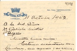 [Carta] 1942 oct. 11, Lambary, [Minas Gerais, Brasil] [a] Gabriela Mistral, Petrópolis