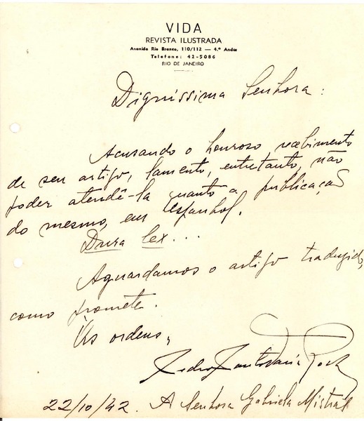 [Carta] 1942 oct. 22, Río de Janeiro [a] Gabriela Mistral